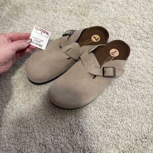 Beige Suede Buckle Clogs - NEW size 7
